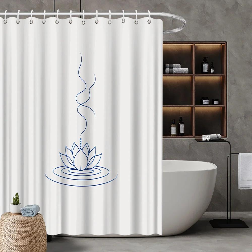 

Lotus Flower Shower Curtain - Minimalist Blue Bloom With Fluid Smoke Design, Fade-Resistant Polyester,Meditative Bath Decor W60H190(CM)-1 Pcs