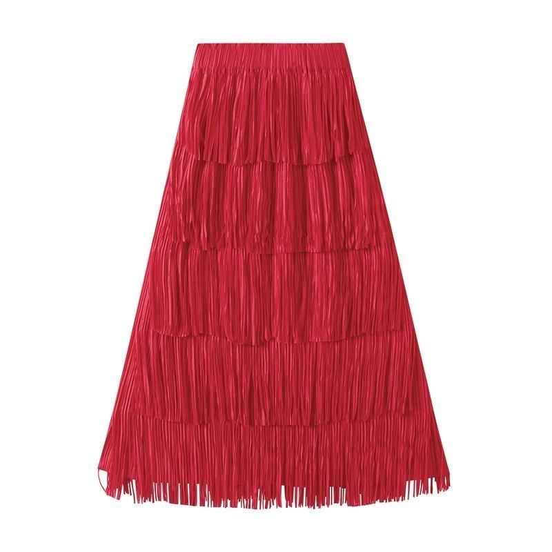 Qooth Women Tassel Splicing Pleated Skirt Elegant Elastic Waist All Match A-line Long Skirt For Spring Summer QT2140