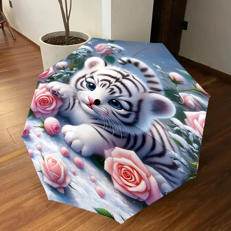 1PC tiger cub, pink roses Automatic Open/Close Umbrella with Windproof, 8-Rib Sturdy Canopy, Durable Ribs, Fashionable Design, Outdoor Accessory, Fun