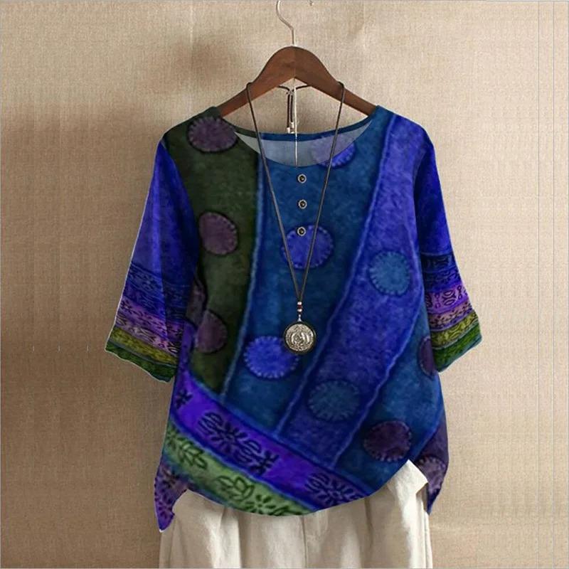 Ethnic Style Women's O Neck Digital Vintage Print Loose Shirt Oversized Half Sleeve Blouses Women Harajuku Casual Pullover