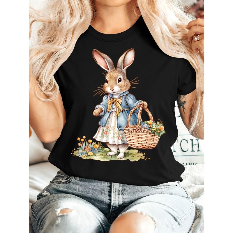 

European Size Easter Gift Women s Summer Apparel Jacquard Basket Lady Rabbit Print Round Neck Short Sleeve T-Shirt,ComfortableStylish Elegant Party 4XL чорний