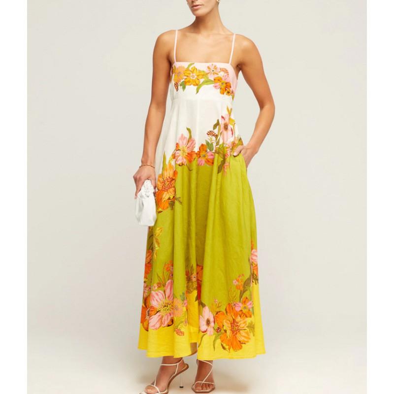 Womens Cotton Linen Floral Print High Waist Sleeveless Maxi Dress With Wide Swing Skirt Small