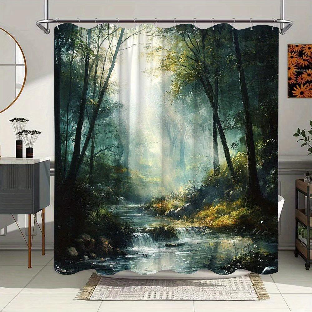 1Pc Enchanted Forest Bath Curtain - Sunlit Stream & Golden Waterfall With Mossy Rocks, 70.86X70.86 Inches, 12 Hooks Included,