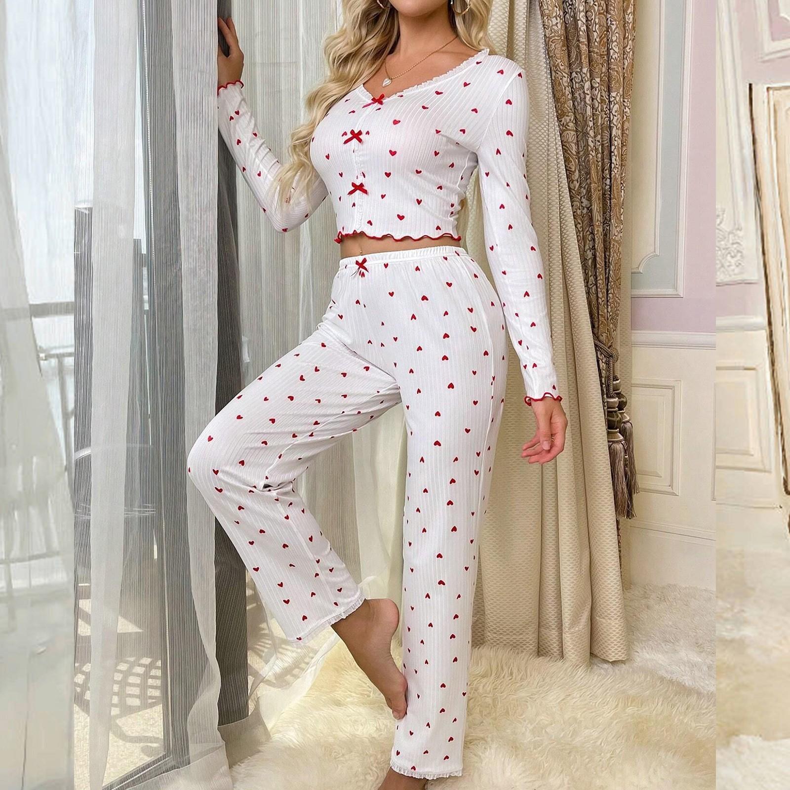 

Женская домашняя одежда пижама брюки с длинным рукавом свободная и удобная сексуальное кружево принт с сердечками V-образный вырез комплект из двух предметов S красный