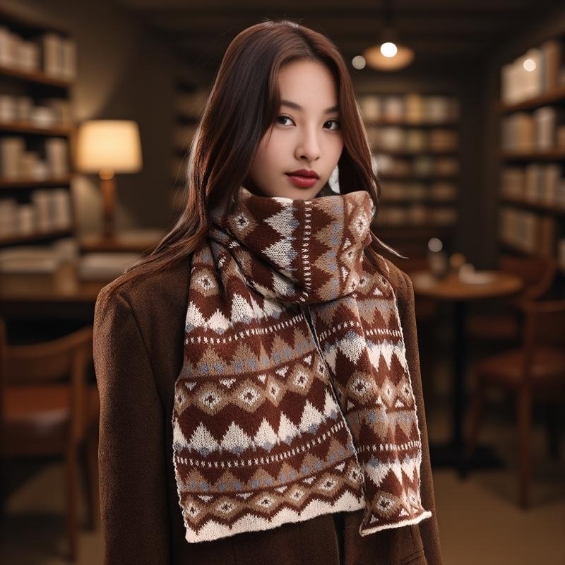Women's Winter Jacquard Knitted Scarf Retro Thickened Warm Woolen Scarf Fashion Scarf
