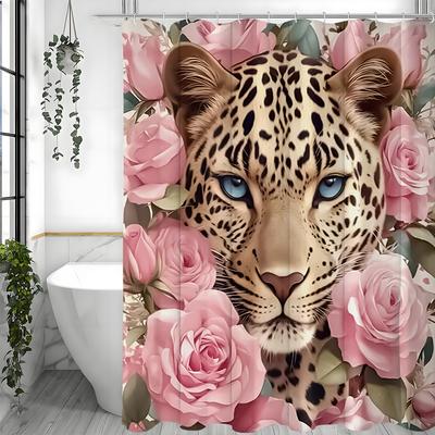 Cougar and Rose Shower Curtain, Bathroom Decorative Shower Curtain, Waterproof Shower Curtain with Hooks