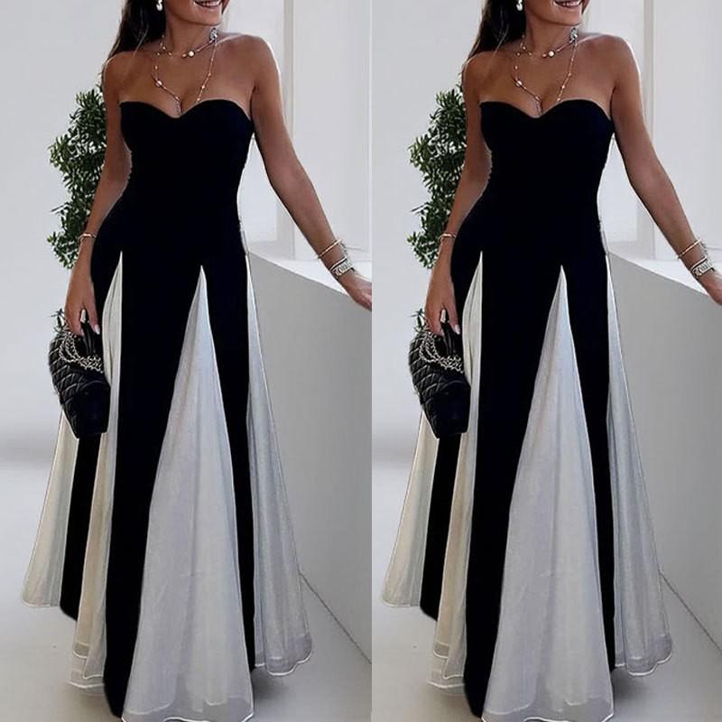 2026 Elegant Color-Block Strapless Maxi Dress High-Waisted Fit-and-Flare Womens Formal Casual