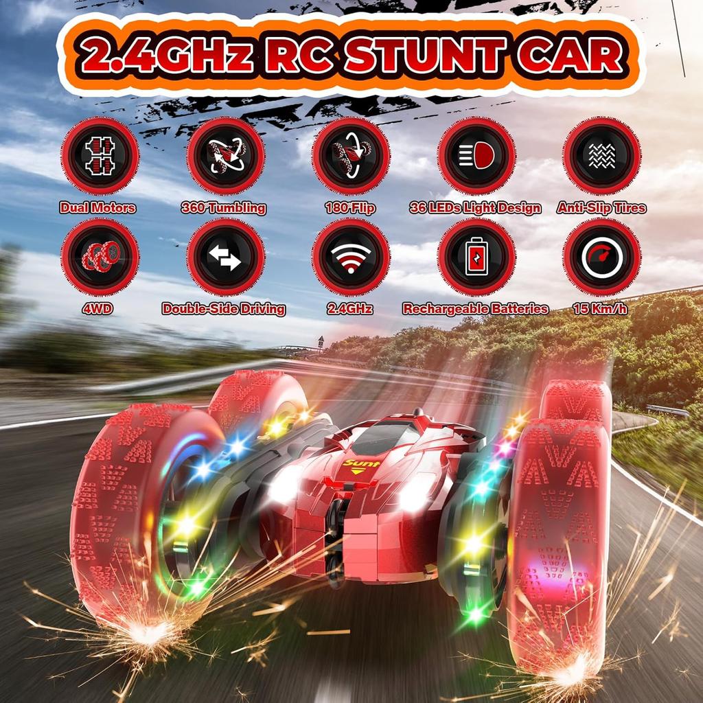 Remote Control Car, Rc Cars with Flowing Lights, Wheel Lights and Headlights, 2.4GHZ 4WD Fast Rc Car, 360° Flips Double Sided Driving Race Car, Rc