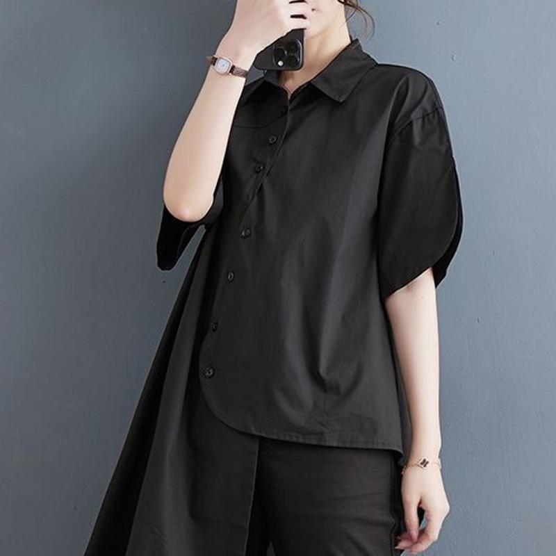 Summer Harajuku Y2K Irregular Long Shirt Women Solid Color Buttons Cotton Blouse Female Short Sleeve Top