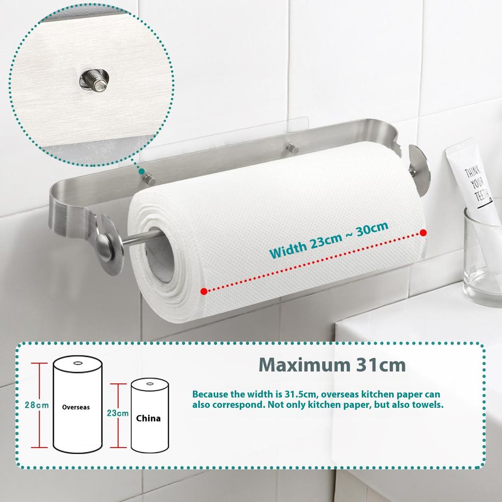 Stainless Steel Paper Towel Holder Kitchen Bathroom Roll Paper Dispenser No Drilling Tissue Hanging Rack