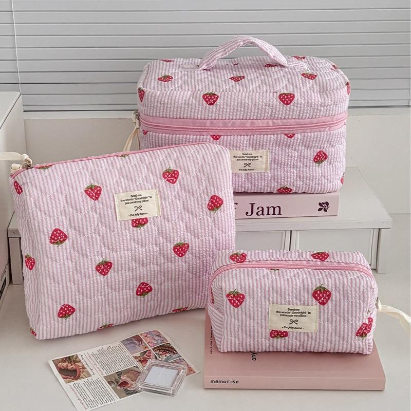 Damen Kosmetiktasche gesteppt Niedlich Reißverschluss Rosa Erdbeere Reise-Organizer Kulturtasche Make-up Aufbewahrungstasche Handtasche Damen Reißverschlusstasche