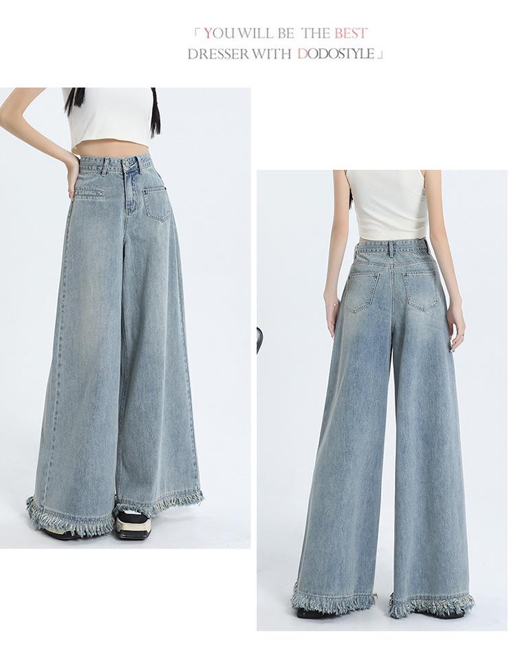 American Raw Edge Wide-Leg High-Waist Jeans for Women - Trendy Floor-Length Straight Pants
