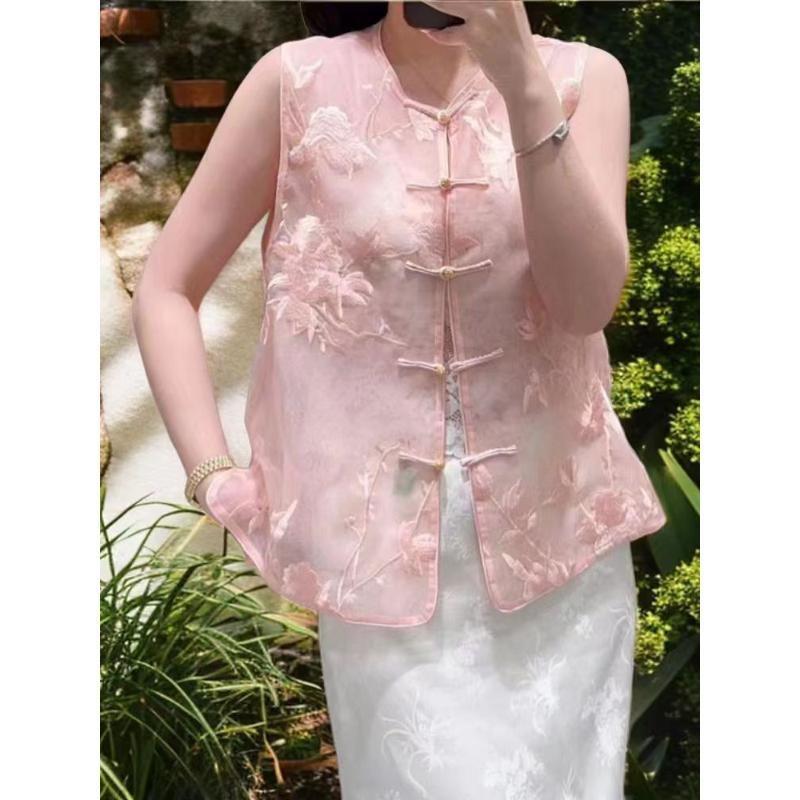 Chinese pink new vest summer fashion embroidered chiffon top