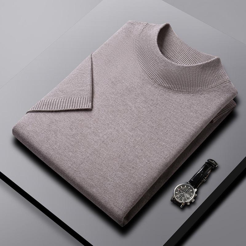 Men's Short-Sleeve Knit Sweater with Half-High Collar - Lightweight Pullover for Middle-Aged and Young Men