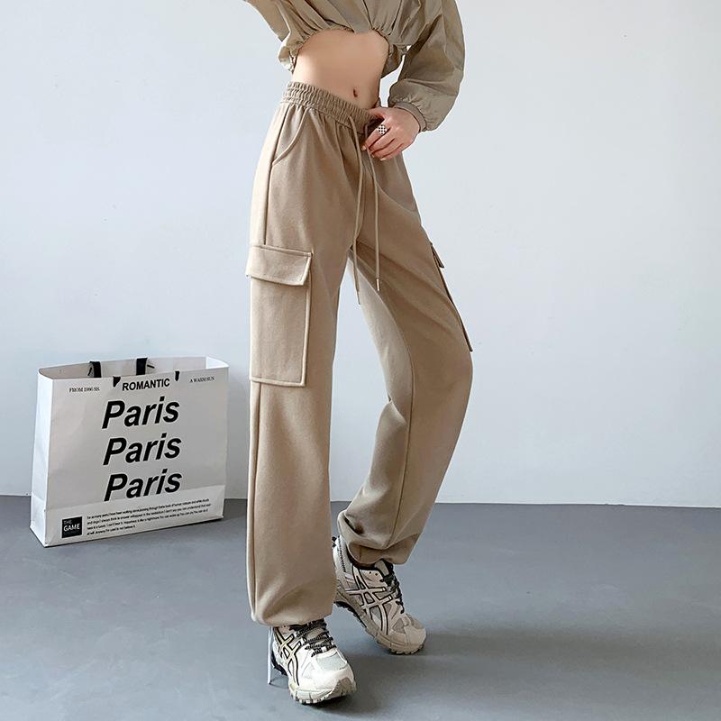 

Overalls Women s Fleece Casual Sports Pants Autumn and Winter High Waist Tights Straight Wide Leg Pants Temperament Commuter S