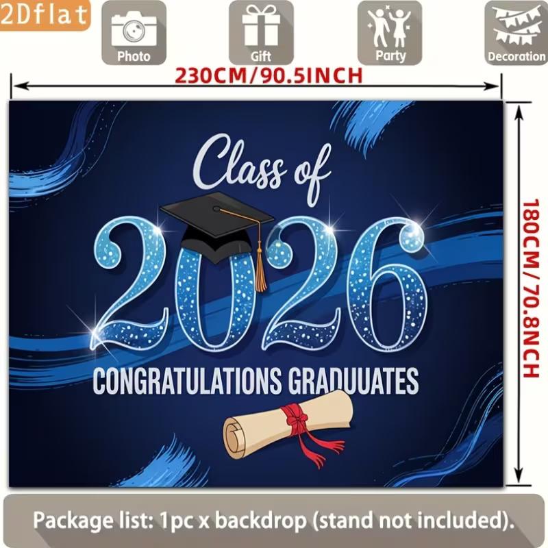 Blue Class of 2026 Graduation Backdrop, "Congratulations Graduates" with Cap and Diploma for Celebration