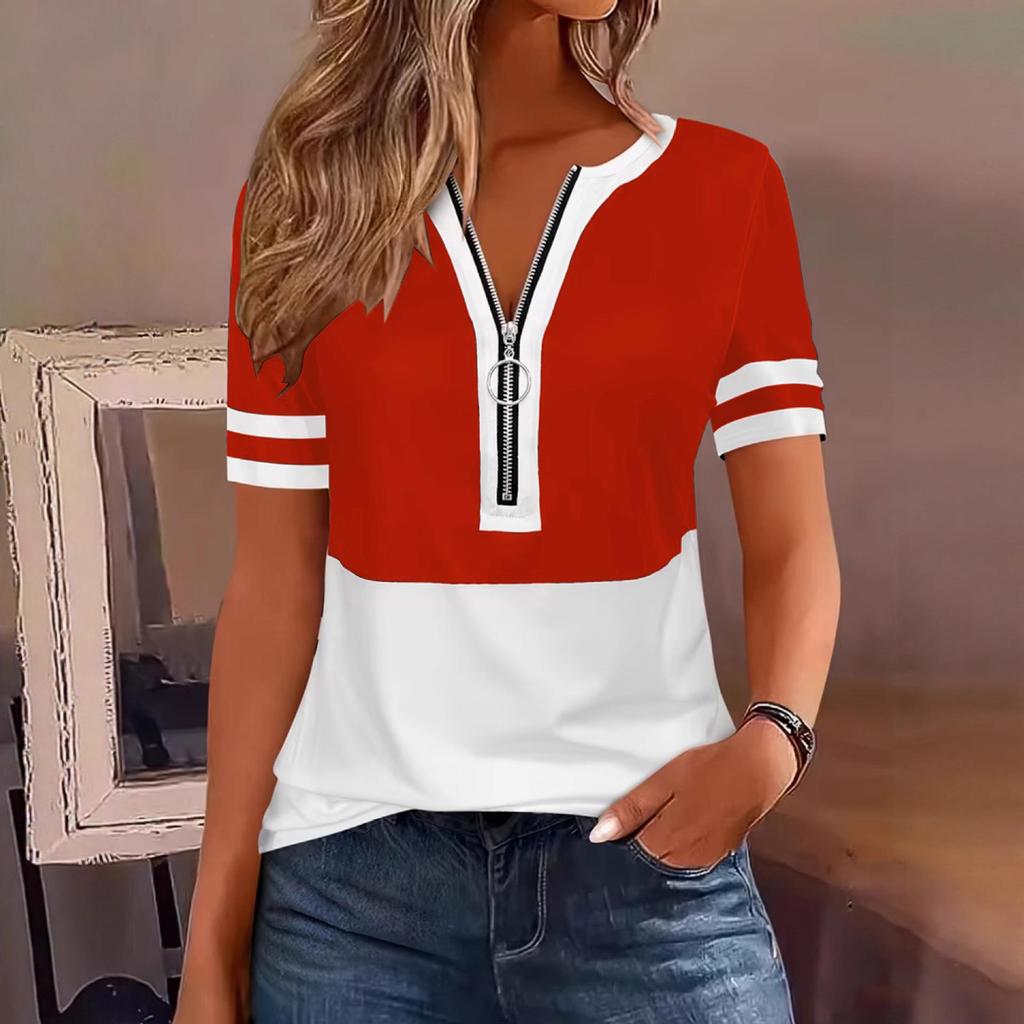 European-American Cross-border Fashion Color Block Zipper Short Sleeve Top