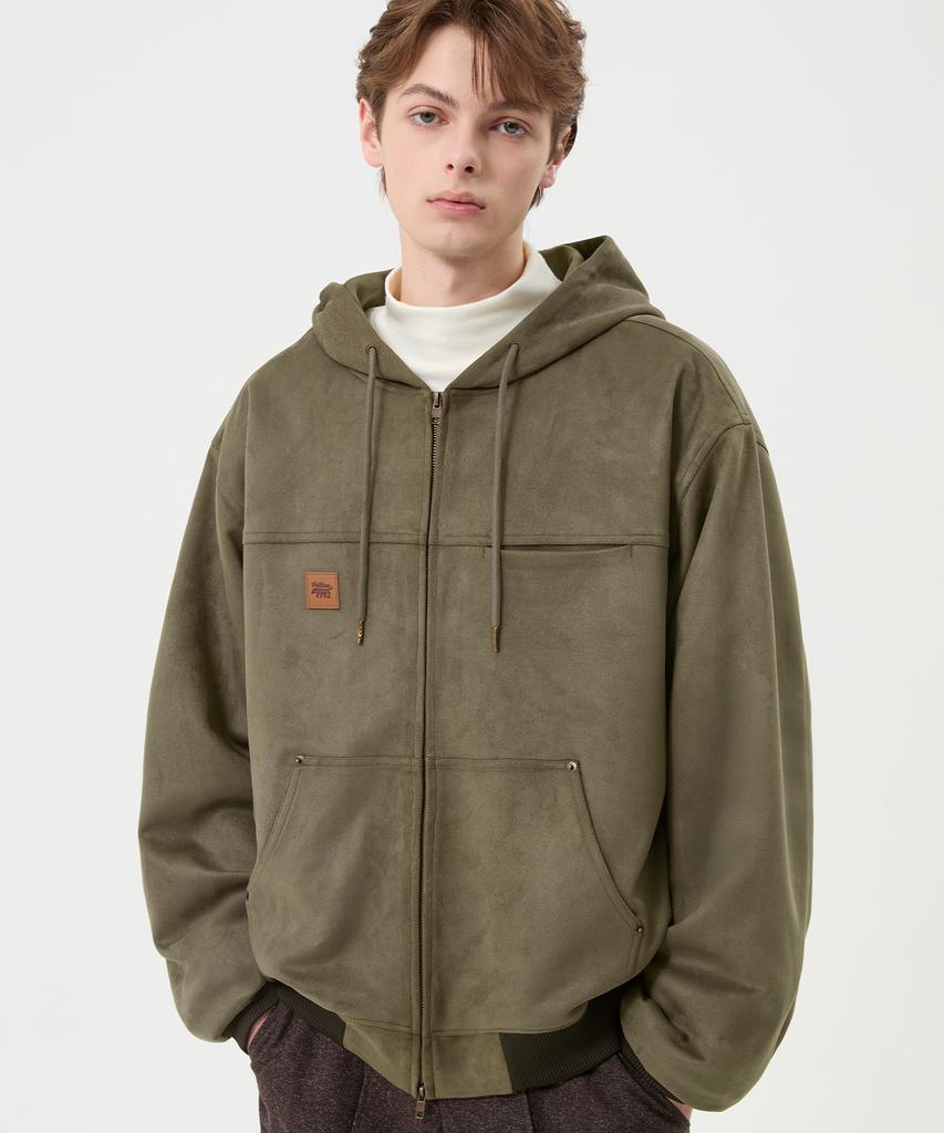 Trillion Leather Patch Suede Work Zip-Up Hoodie_Khaki