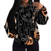 European & American Women's Casual Printed Black Hooded Sweatshirt with Patch Pocket - Drawstring MH612