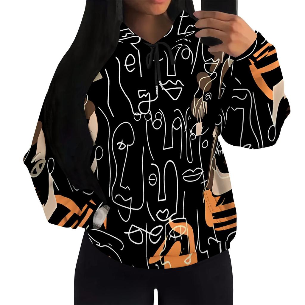 European & American Women's Casual Printed Black Hooded Sweatshirt with Patch Pocket - Drawstring MH612