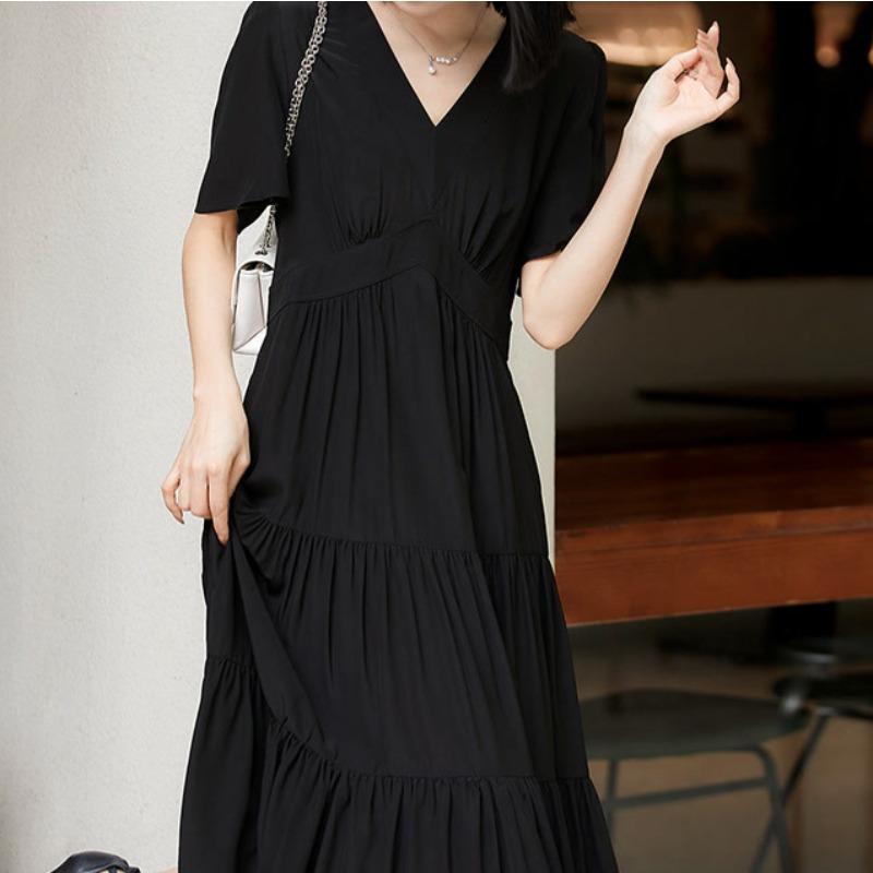 

Новое летнее классическое облегающее черное платье с юбкой из крепа и имитации шелка шелковицы в стиле французского темперамента S чёрный