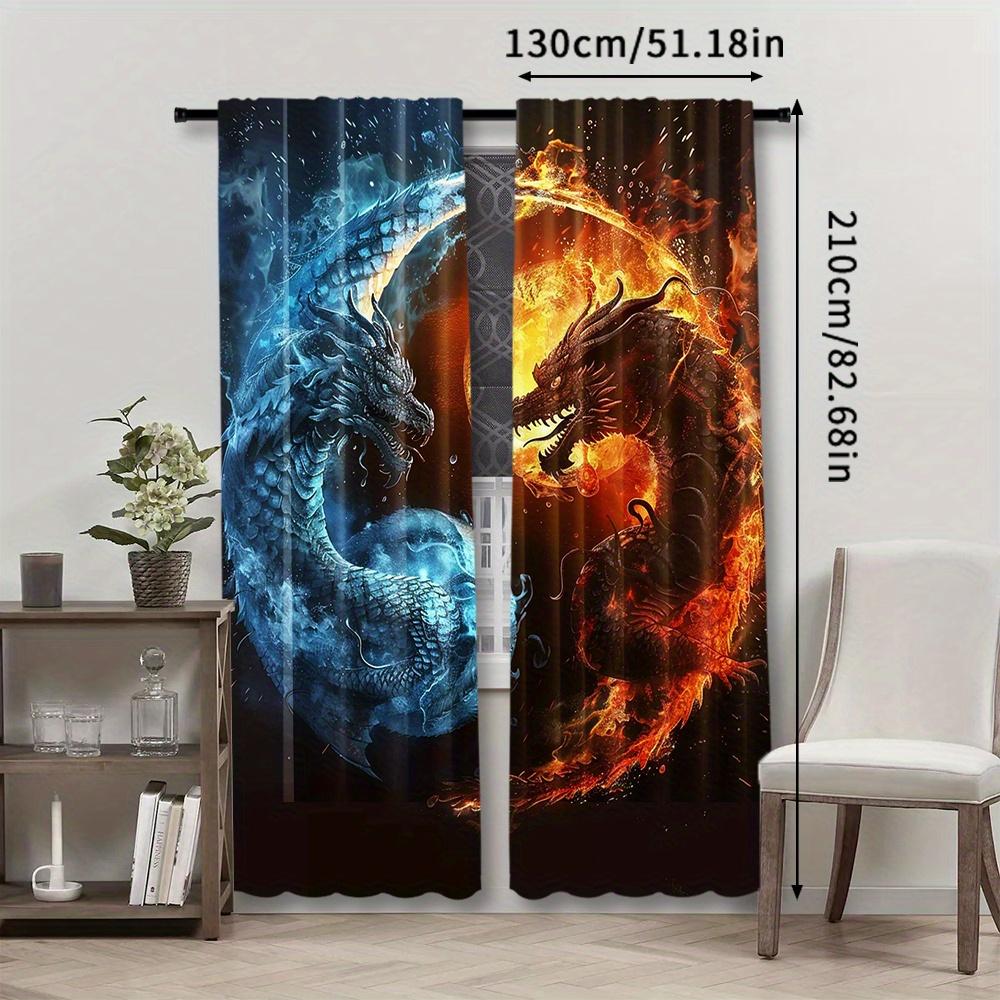 2pcs Dragon Rod Pocket Curtains   Woven Polyester Pongee Blackout Panels   Tai Chi and Fire Pattern   Semi-Sheer Embossed Window Dr