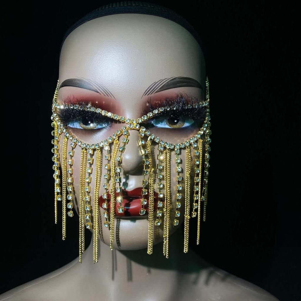 High-End Luxury Rhinestone Tassel Masquerade Mask with Zircon Embellishments