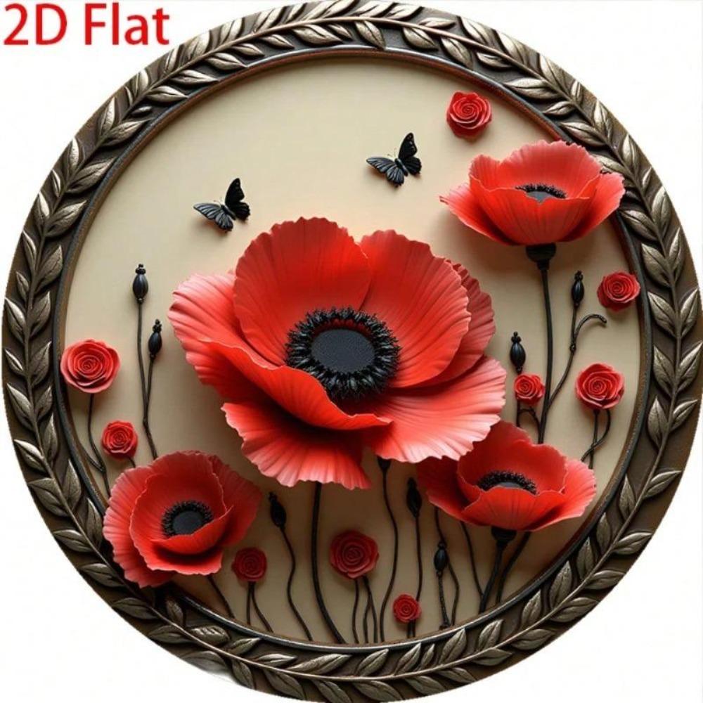 Vintage Cartoon Metal Tin Sign Wall Decor Red Poppies Black Butterflies Round Aluminum Plaque