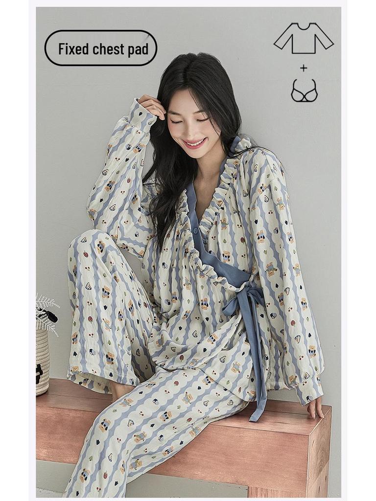 Damski kreskówkowy zestaw piżamowy z wkładkami na biust - Wiosenno-jesienna bawełna o fakturze chmury, Kardigan z długim rękawem, Cienki szlafrok, Odzież domowa i do noszenia na zewnątrz