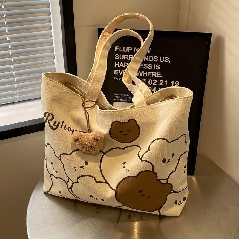 Casual Large Capacity Cartoon Bear Canvas Tote Bag For Women Perfect For College Use