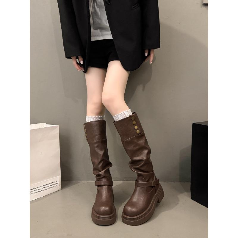 New Mid-calf Thick-soled Fashion Shoes for Women in Autumn and Winter with Belt Buckle Long Boots