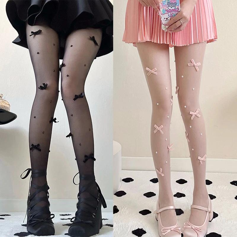1/2Pairs Sexy Bow Lace Tights Women Bowknot Pearl Hollow Mesh Fishnet Thigh High Stockings Jk Lolita Sweet Girls Tight Pantyhose