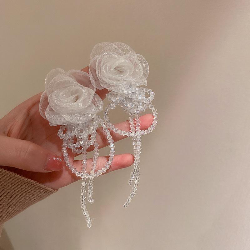 Super fairy yellow mesh flower earrings 2025 new seaside vacation style stud earrings niche high-end temperament earrings