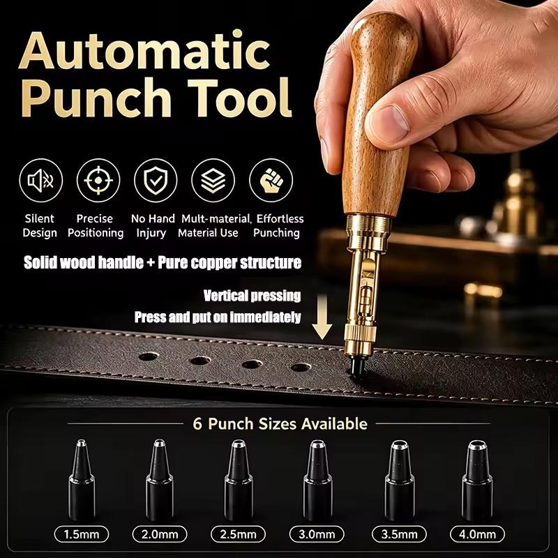 Japanese Style Leather Hole Punch Set Adjustable Screw Punch Tool 6 Tip Sizes with Wood Handle Bookbinding Paper Wood Crafting