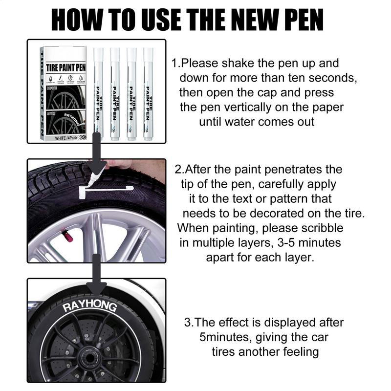 Car Tire Paint White Marker Pen 4pcs Waterproof Paint Repair Markers Quick Dry Permanent Graffiti Pen For Automotive Tire Paint