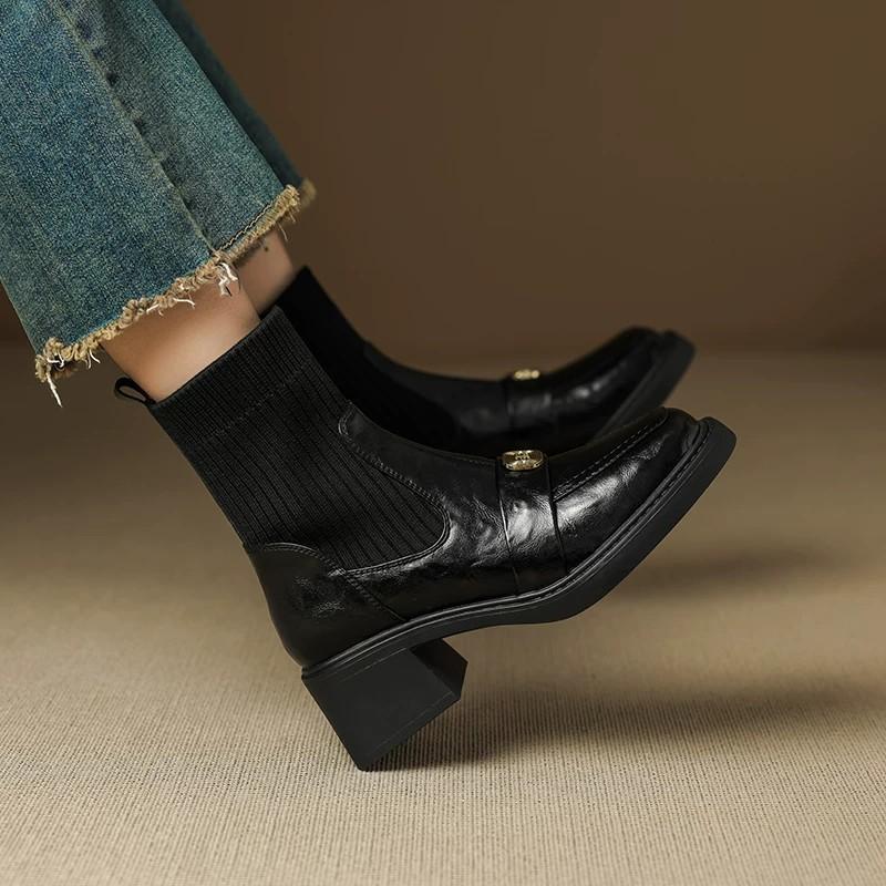 CM British Style Square Head Thick Heel Medium Tube Socks Boots Autumn and Winter New Metal Buckle Elastic Retro Versatile Thin