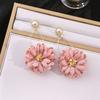 Fashion Personality Exaggerated Pink Flower Earrings, Holiday Style Sweet Fabric Pearl Earrings Temperament Earrings