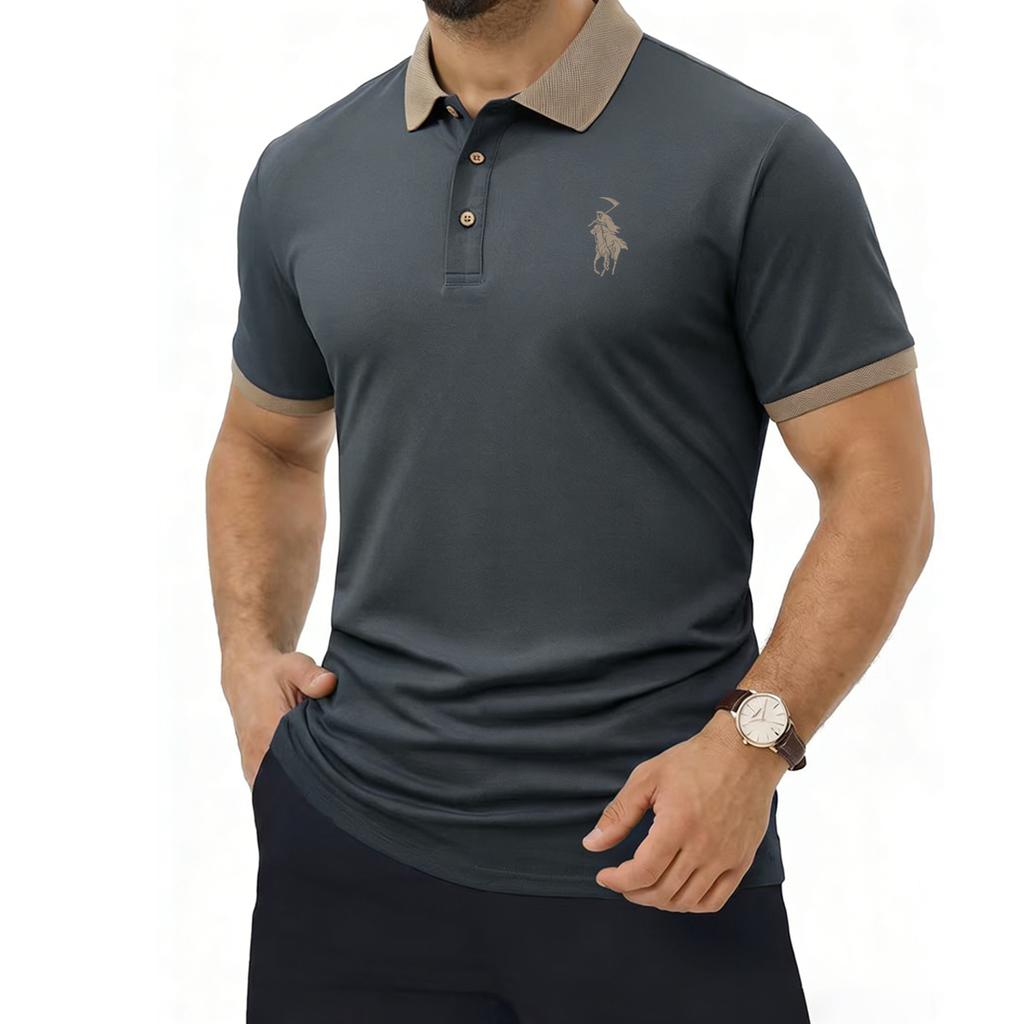 Comoda polo da golf con colletto a 3 bottoni aderente, colletto e polsini a blocchi di colore, tessuto traspirante e vestibilità rilassata e casual a maniche corte