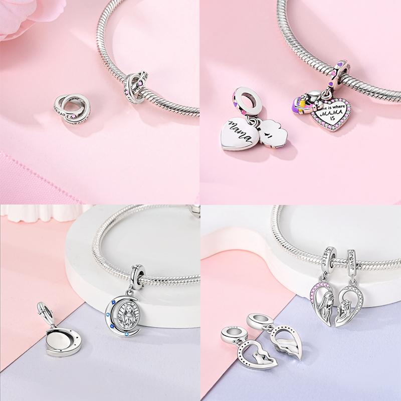 Original Silber Mutter Geschenk Charms Rosa Herz Liebe Mama Anhänger Familie Perlen Passend Armband DIY Geschenke Für Frau Schmuck