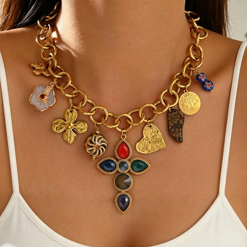 Vintage Personality Flower Love Cross Pendant Necklace Pearl Coral Thick Chain Collarbone Chain Female