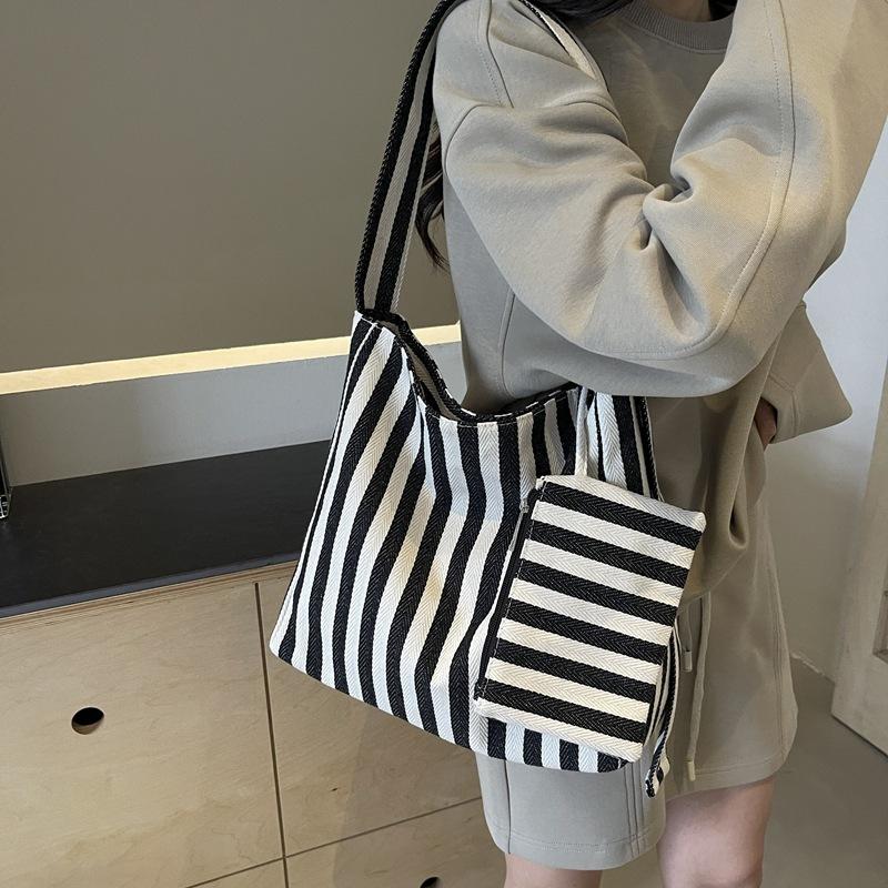 Retro literary handbag simple small fresh striped shoulder bag casual fashion large capacity shopping bag