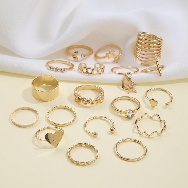 Vintage Gold Color Heart Rings Set For Women Men Fashion Hollow Star Pearl Crystal Geometric Rings Trendy Finger Jewelry Gifts