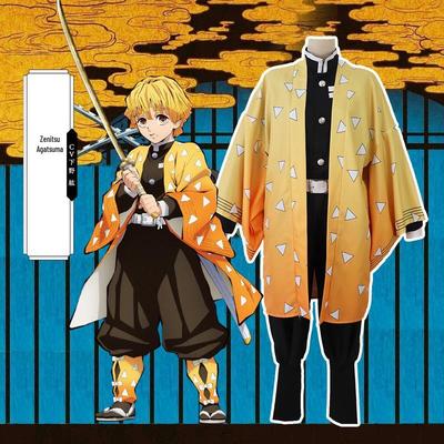 Demon Slayer Zenitsu Agatsuma Cosplay Kostým a Paruka na Konvenci a Halloween