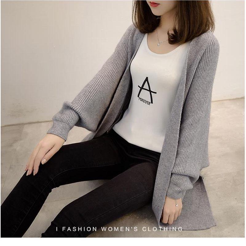 Spring and Autumn Women's Mid-length Knitted Cardigan Coat Loose with V-neck Top