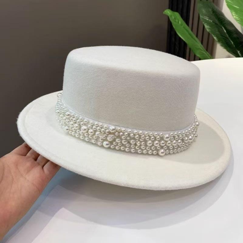 Celebrity Style Pearl Woolen Top Hat Female Autumn and Winter Elegant Fashion Retro Hepburn Style Flat Top Hat Autumn and Winter England