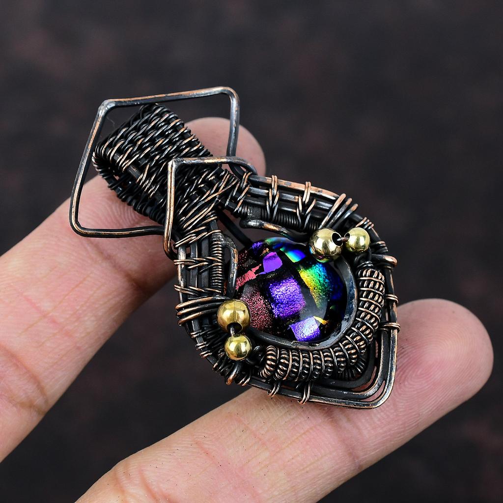 Pandantiv American din Sticlă Dicroică, Pandantiv Înfășurat în Sârmă de Cupru, Piatră Prețioasă, Bijuterii din Cupru, Pandantiv de Designer, Bijuterii Handmade Înfășurate în Sârmă, Cadou Pentru El