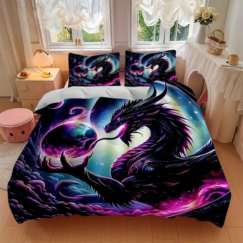 3pcs Galactic Dragon with Flames and Whiskers Pattern Bedding Three-Piece Set (1 Cover + 2 Pillowcases, No Fillings), This Printed Bedding S