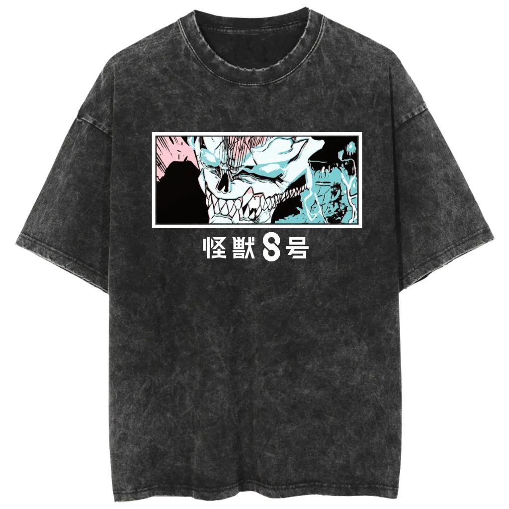 2026 summer Anime Kaiju No.8 Oversized T-shirt, Kafka Hibino Monster Form Print Casual Streetwear Washed Black Tee