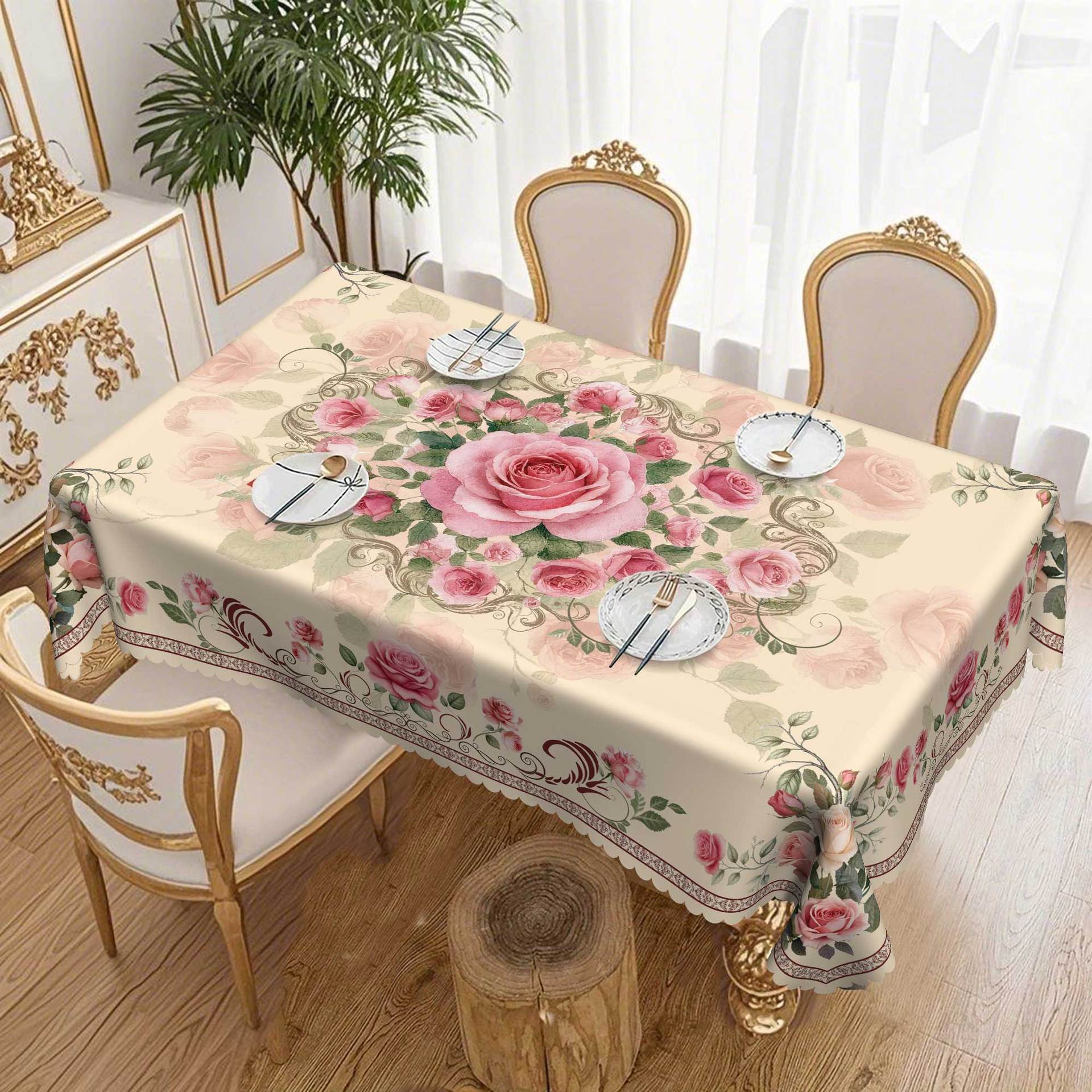 Розовая Роза Пасторальная Круглая Скатерть, Европейская Ретро Скатерть, Водонепроницаемая и Маслостойкая Бытовая Круглая Скатерть Round tablecloth-152x152cm