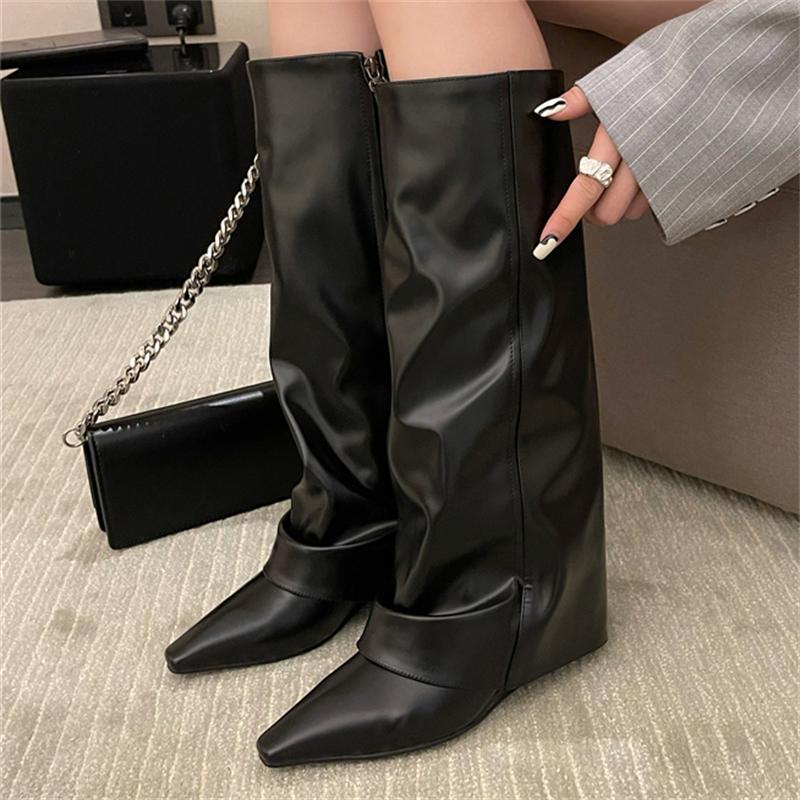 

Eilyken New Design Splicing Wedges High Heels Women Knee-High Long Boots Pointed Toe Zipper Female Shoes 35